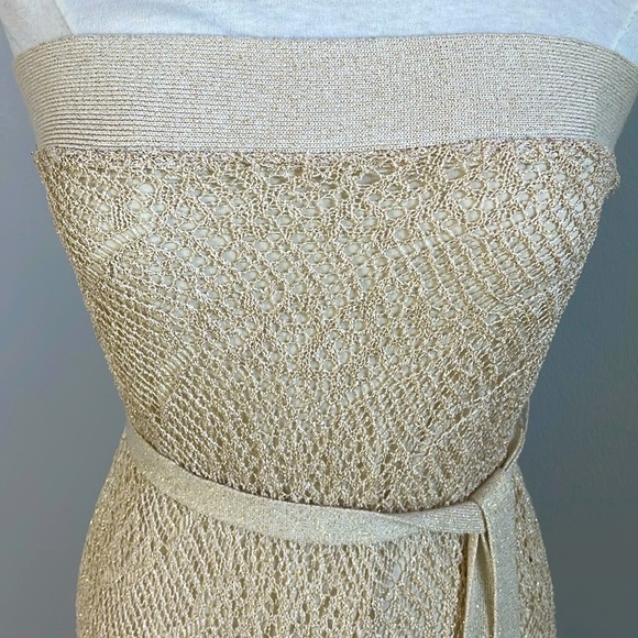 NWOT  bebe Metallic Gold Mini Crochet-Knit Halter A-Line Belted Dress, Size M - Picture 6 of 16